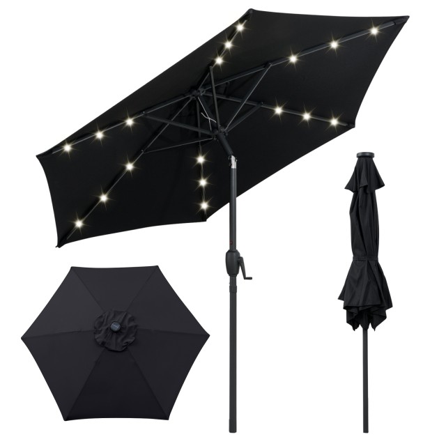 Costway Ομπρέλα Κήπου-Αγοράς 230 cm με Ηλιακό Φωτισμό LED & Μανιβέλα, Μαύρη, 225 x 230 x 230 cm NP12190BK