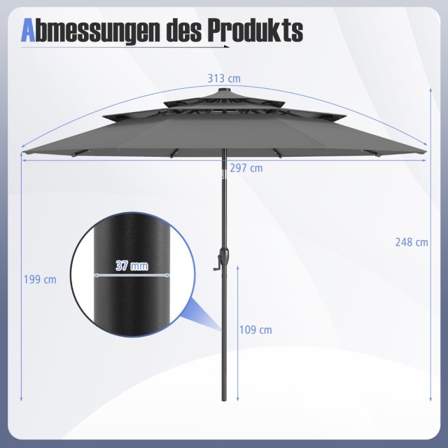 Costway Τριώροφος Γκρι Κήπος και Τερασσόλης Ομπρέλα με Περιστροφή 30° NP11543GR