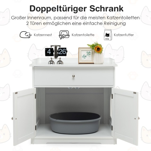 Costway Πολυλειτουργικό Έπιπλο Γάτας 3-σε-1 με Χώρο Αποθήκευσης και Κλειστό Χώρο Τουαλέτας PV10009WH