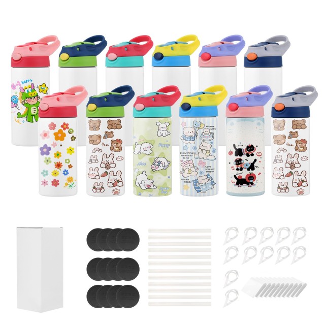 VEVOR Παιδικά Ποτήρια Σublimation 12τμχ, 355ml, Ανοξείδωτα με Καπάκια και Καλαμάκια KBJPJTJBXG12H0T3B001V0