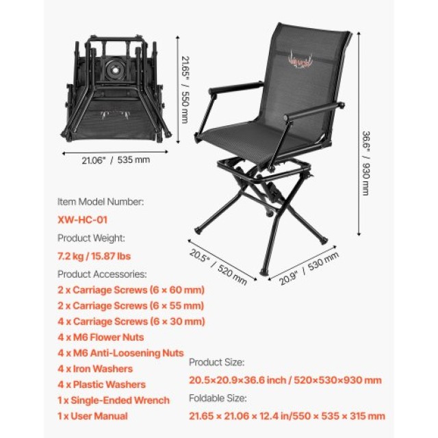 VEVOR Περιστρεφόμενη Πτυσσόμενη Καρέκλα Κυνηγιού με Αθόρυβο Χαλύβδινο Σκελετό και Μπράτσα CGZDKDFSTSLD5OT1O001V0