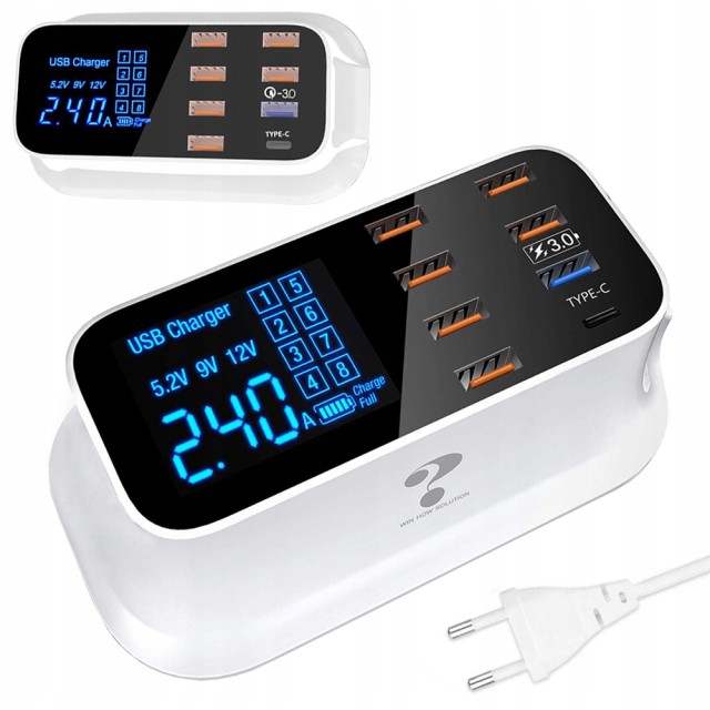 Verk Group Επιτραπέζιος Φορτιστής 8 Θυρών USB QC 3.0 & Type C με Οθόνη LED 40W για Γρήγορη Φόρτιση Συσκευών 5907451330135