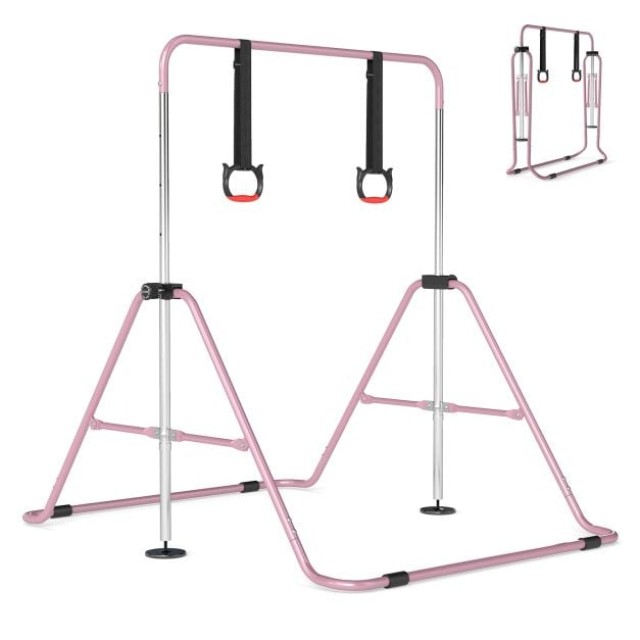 Costway Ροζ Ρυθμιζόμενη Μπάρα Γυμναστικής για Παιδιά, 4 Επιπέδων Ύψους με Σταθερό Μεταλλικό Πλαίσιο, 132 x 144.5 x 111.5 εκ. SP38687PI