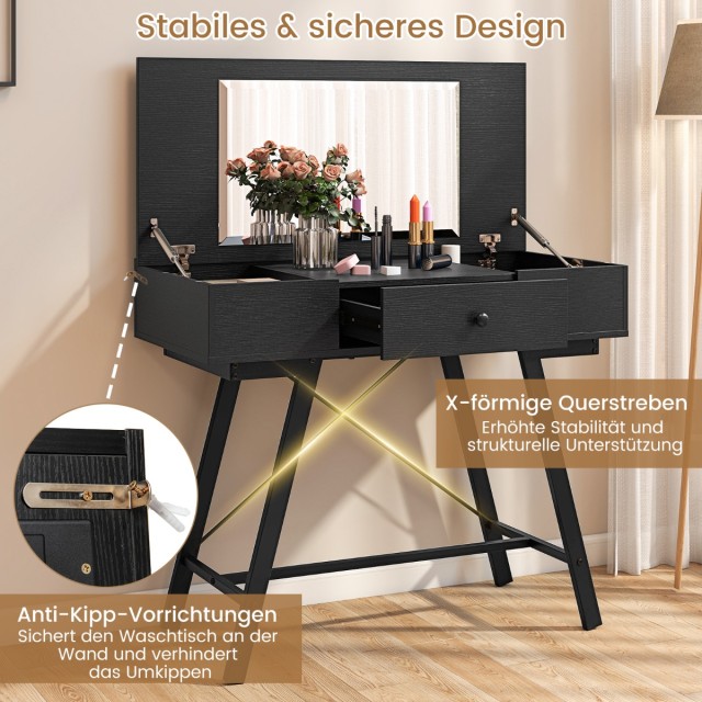 Τραπέζι Μακιγιάζ με Μεγάλο Καθρέφτη και Φορτιστή 96,5 × 46,5 × 80,5cm Μαύρο HU11085DE-DK Costway
