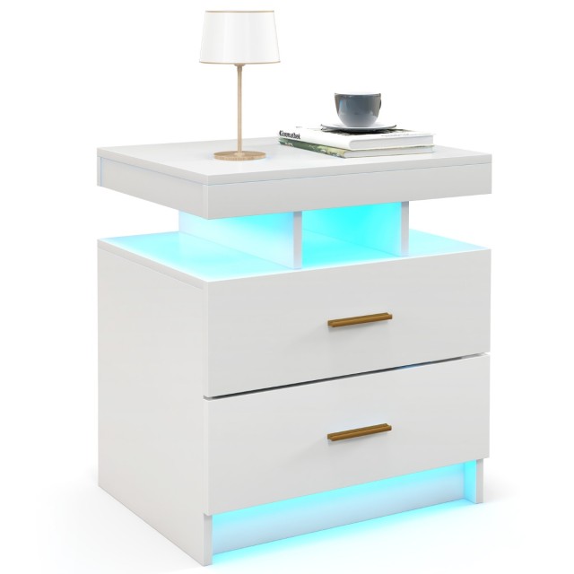 Costway Λευκό Κομοδίνο με LED Φωτισμό  50 x 40 x 58 cm  και 2 Συρτάρια HU10674WH