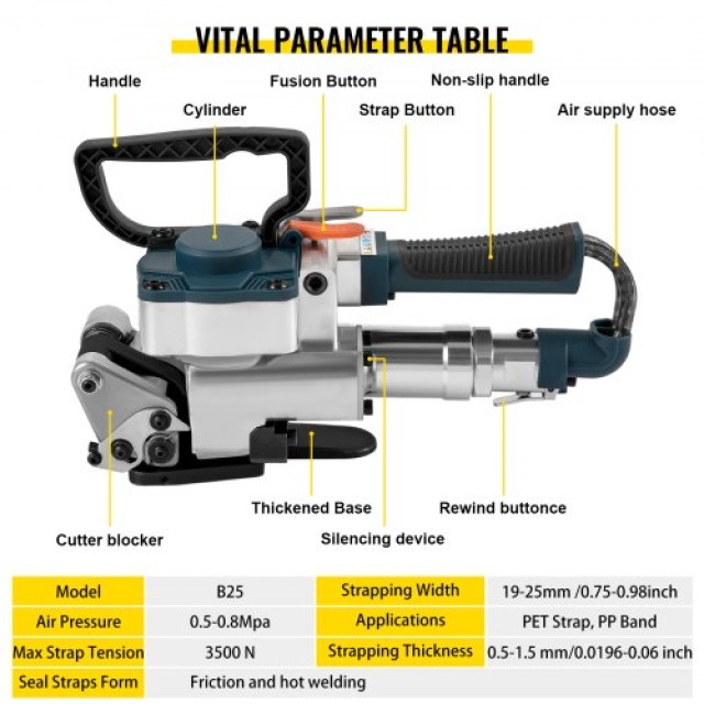 VEVOR Πνευματικό Εργαλείο Δεσίματος B25 για 19-25mm PP/PET Ταινία  DBJB25QDKZJ000001V0