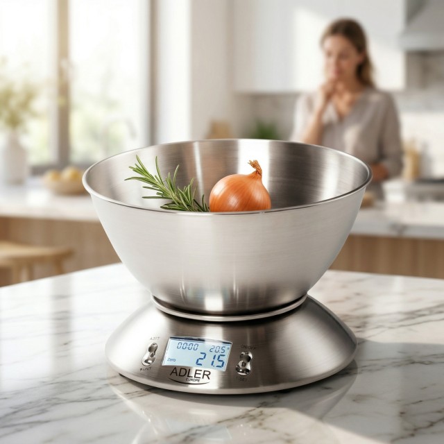 Adler Ηλεκτρονική Ζυγαριά Κουζίνας 5kg/1g με Ανοξείδωτο Μπωλ, Θερμόμετρο & Χρονοδιακόπτη AD-3134