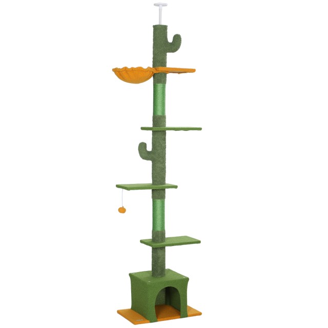 PawHut Γατόδεντρο Οροφής για Γάτες έως 5 kg, 230-275 cm, με Αιώρα, Σπιτάκι και Πλατφόρμες, Πράσινο D30-875V00GN