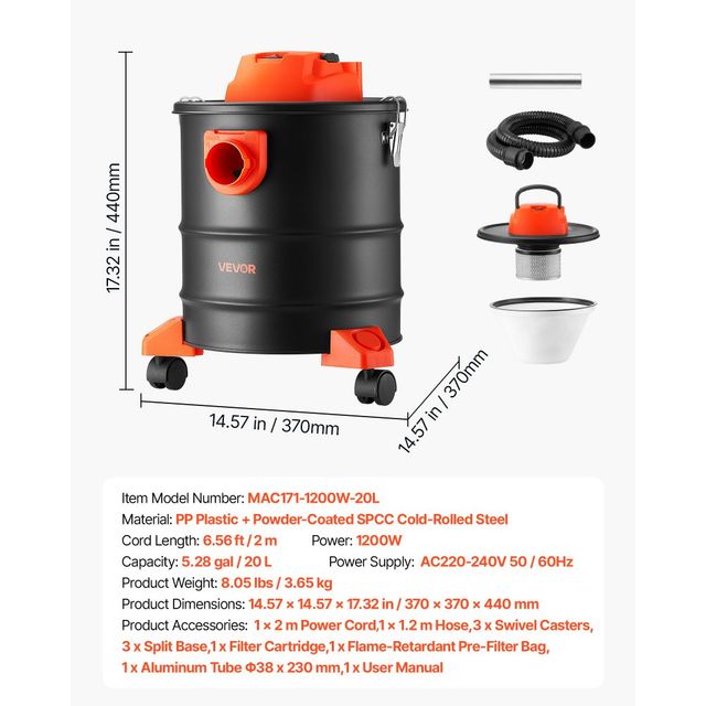 VEVOR Ηλεκτρική σκούπα στάχτης 20L 1200W με ροδάκια, διπλή φίλτρανση, 1,2 μ. λάστιχο, μαύρη/πορτοκαλί CHGJ20L1200WGBFPY001V2