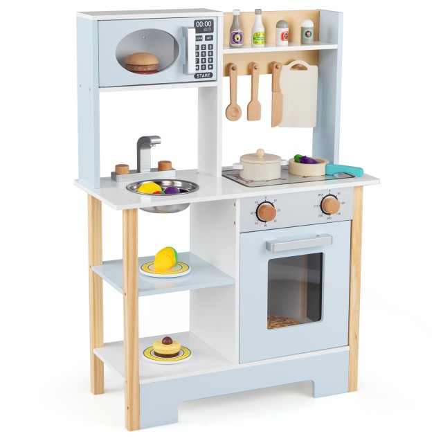Costway Παιδική Κουζίνα με Φούρνο Μικροκυμάτων, Εστία, Στεγνωτήριο Πιάτων, Βρύση, Νεροχύτη και Πίνακα - Μπλε 85 x 26 x 61,5 cm TP10460BL