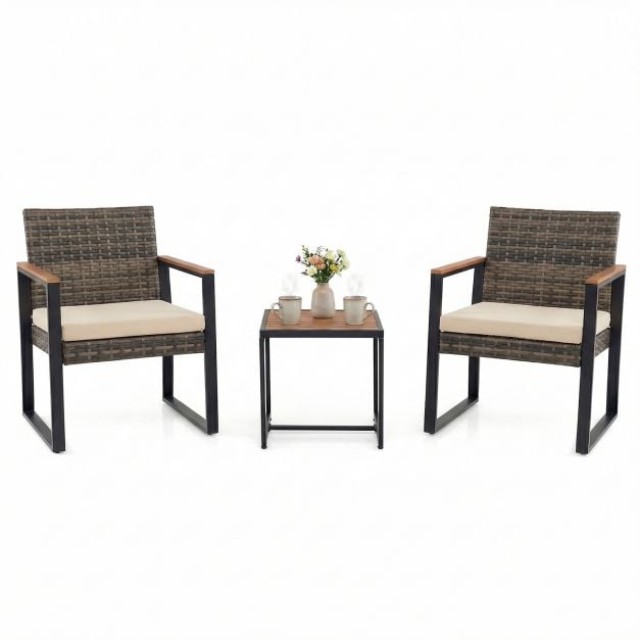 Costway Σετ Επίπλων Μπαλκονιού με 2 Καρέκλες, Βοηθητικό Τραπεζάκι και Μαλακά Μαξιλάρια, Μπεζ NP13110MS