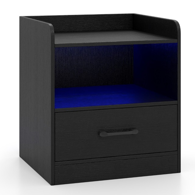 Costway Μαύρο Κομοδίνο με LED Φωτισμό και Ανοιχτό Ράφι και Συρτάρι HU11025DE-DK