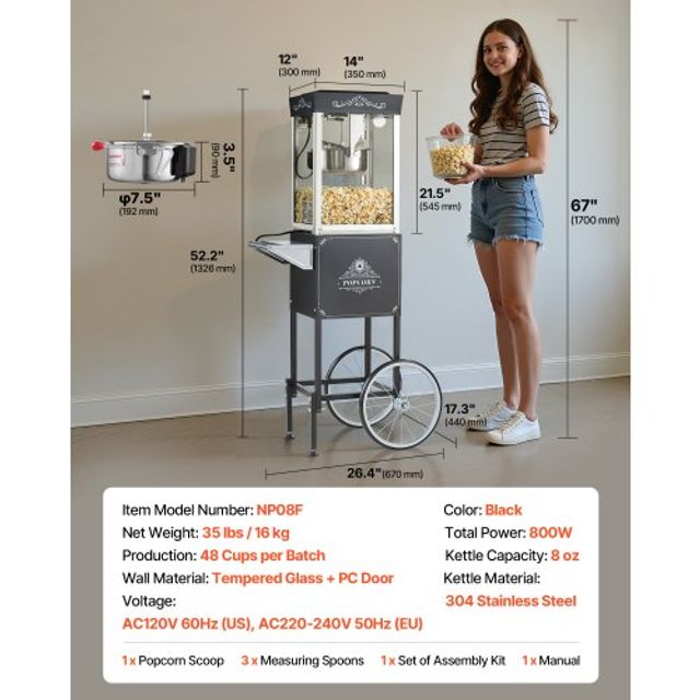 VEVOR Μηχανή Παραγωγής Ποπκόρν με Καρότσι 800W Μαύρο CSBMHJHS8OZWX2BT6001V2