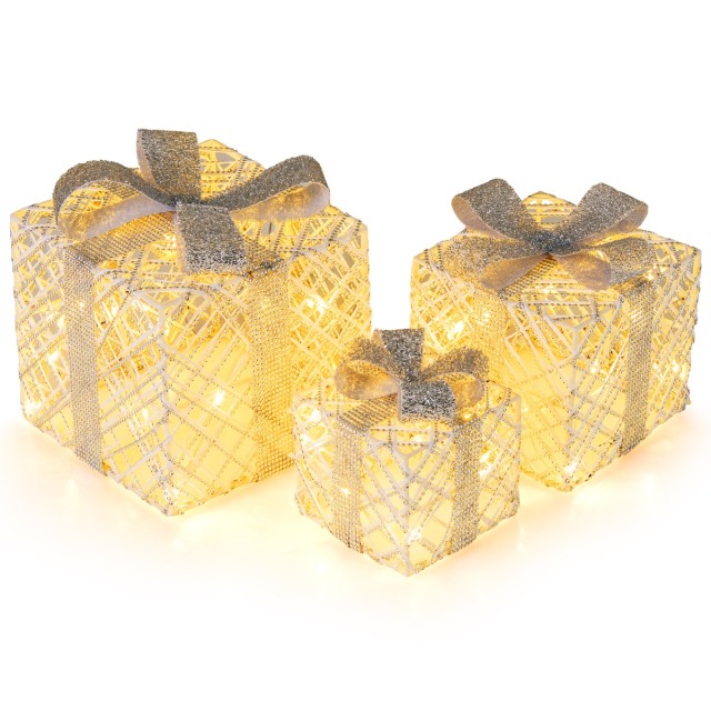 Costway Σετ 3 Κουτιά Δώρου με 48 Θερμά Λευκά LED Φώτα & Αφαιρούμενες Κορδέλες CM24885DE