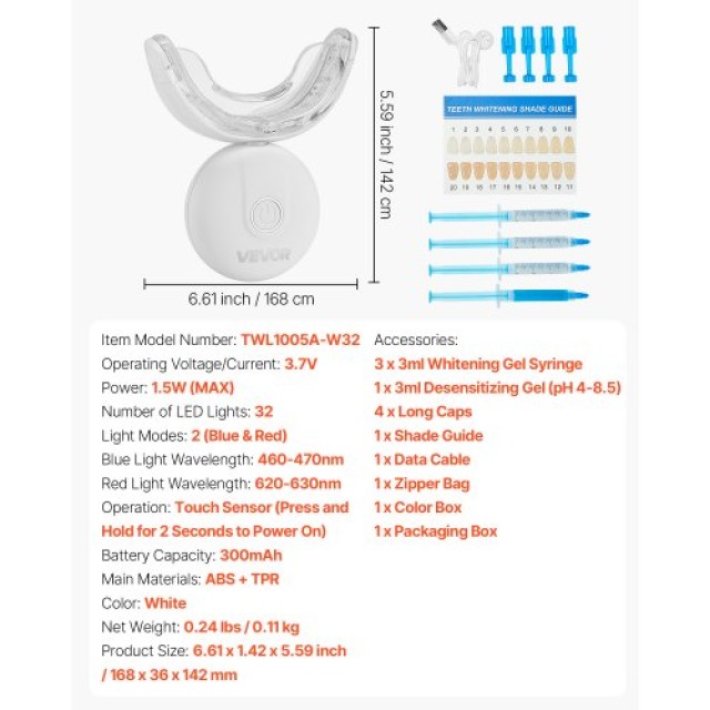 VEVOR Κιτ Λεύκανσης Δοντιών με LED Φως, 32 LED, Λευκαντικό και Αποευαισθητοποιητικό Τζελ, Ασύρματο και Φορητό με U-Σχήμα Δίσκου JBYCMBJWXSAJM641T001V9