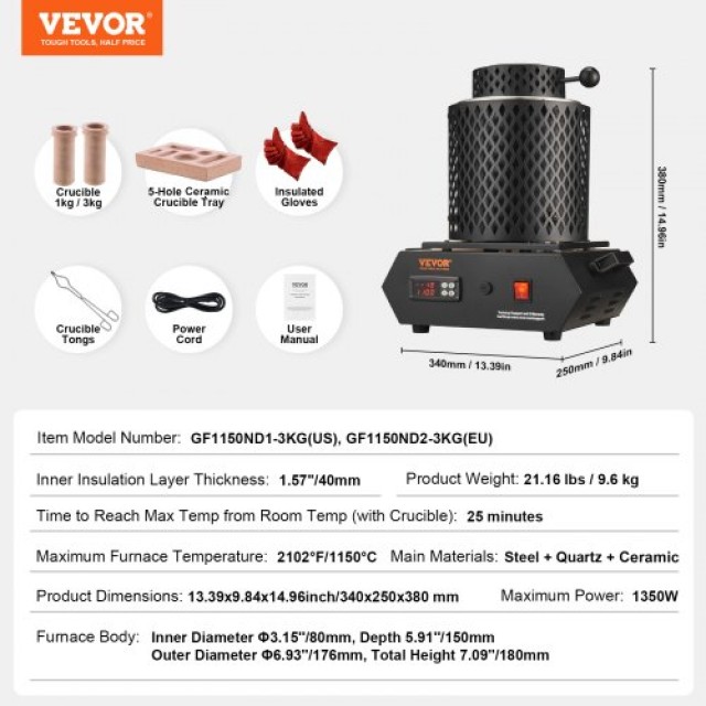VEVOR Ηλεκτρικός Κλίβανος Τήξης Μετάλλων 1350W, 1150°C με Ψηφιακό Έλεγχο, Κεραμικοί Χωνευτήρια 1kg & 3kg, Λαβίδες & Γάντια για Χρυσό, Ασήμι, Αλουμίνιο, Χαλκό DRJLCGTCGGHS05CHA001V2