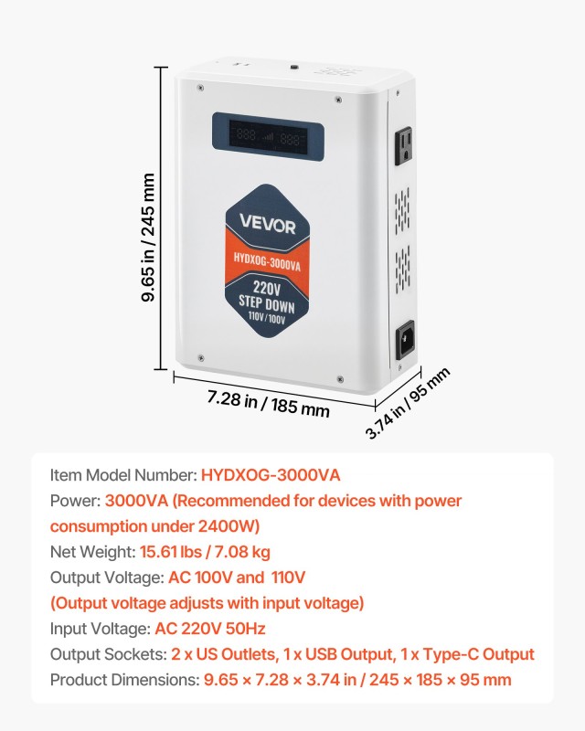 VEVOR 3000VA Μετασχηματιστής Τάσης 220V σε 110V με 2 Εξόδους & USB DXDYZHQJY1103AUIF001V7