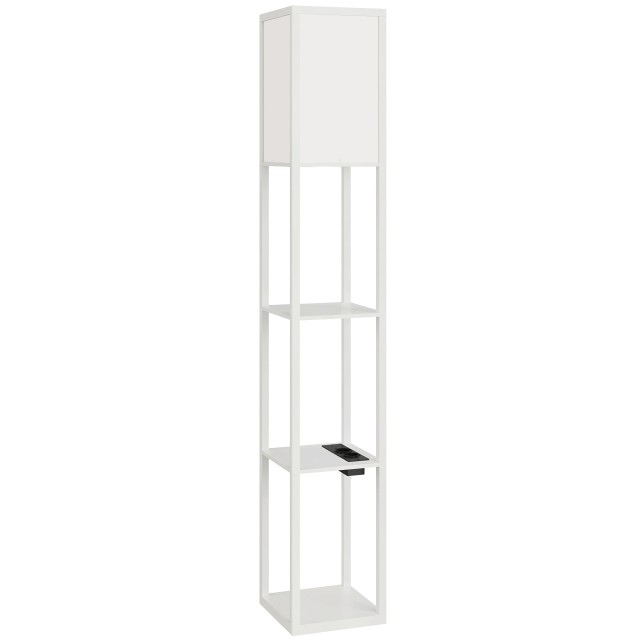 HOMCOM Λάμπα Δαπέδου με Ράφια, Ρυθμιζόμενη Φωτεινότητα, Διακόπτης Ποδιού και Θύρες USB, Λευκό 833-623V92WT