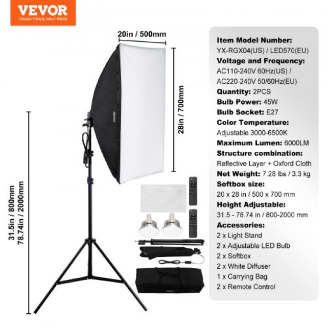 VEVOR  Σετ Φωτισμού Softbox 20x28 ιντσών 45W LED 3000-6500K για Φωτογράφιση  SYRGZMTZ20283Z1TCV2