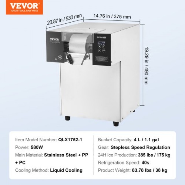 VEVOR Επαγγελματική Μηχανή Πάγου Snowflake 385LBS/24H Ανοξείδωτη για Παγωτό SLXNBJLEDPCMFRQHJV2