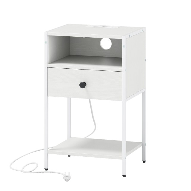 Costway Βιομηχανικό Κομοδίνο με Σταθμό Φόρτισης και Άνοιγμα Ραφιού, Συρτάρι & Αποθηκευτικός Χώρος - Συμπαγές Κομοδίνο Λευκό 64,8 x 39,4 x 31,8 cm HU11144DE-WH