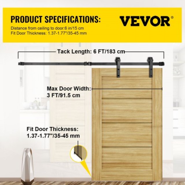Σετ Σιδηροτροχιάς Συρόμενης Πόρτας VEVOR, 6FT, 150kg, Ανθρακοχάλυβας, για Πόρτες 3FT πλάτος  HDGCDGSMDJ6FTR62WV0