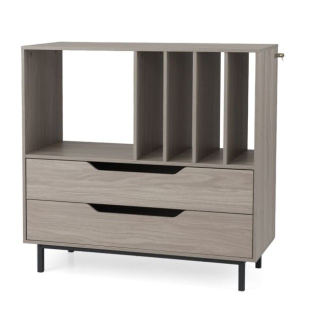 Costway Ρέτρο Βάση Πικάπ με 4 Θήκες Βινυλίου & 2 Συρτάρια σε Γκρι Χρώμα  87 x 91 x 36 εκ. JV13680GR