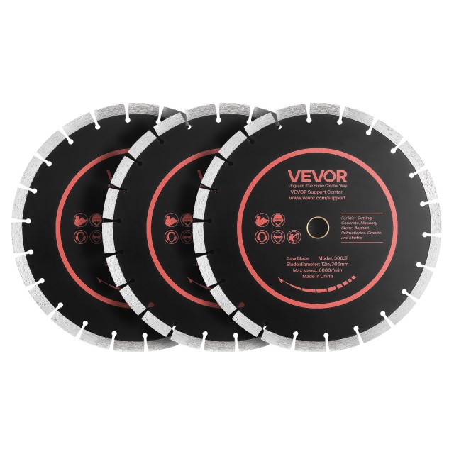 VEVOR Δίσκοι Κοπής Διαμαντιού 306 mm, Σετ 3 Τεμαχίων, Φ25,4 mm για Μπετόν και Τοιχοποιία HNTJDP12INCHAVLQ7001V0