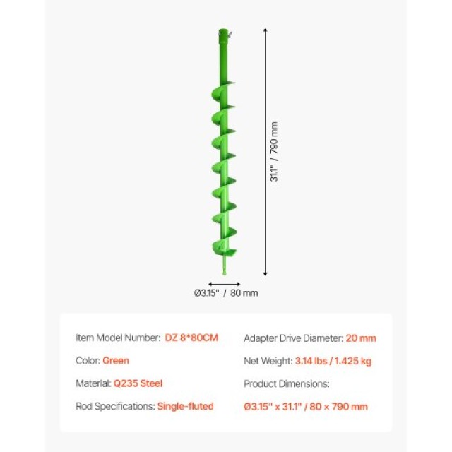 VEVOR Τρυπάνι Γεωτρήσεων Σπειροειδές 3.15 x 31.1 ιντσών για Άνοιγμα Οπών και Φυτεύσεις LXZZT1G80MM8L4EZR001V0