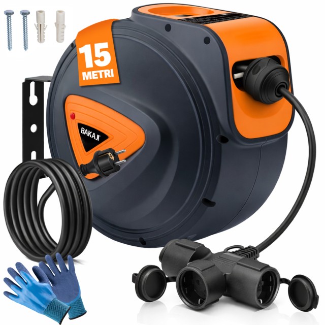 BAKAJI Περιστρεφόμενη Κάλυψη Καλωδίου 15 Μέτρων με Πολύπριζο 180° και 3 Υποδοχές & Γάντια 02001719