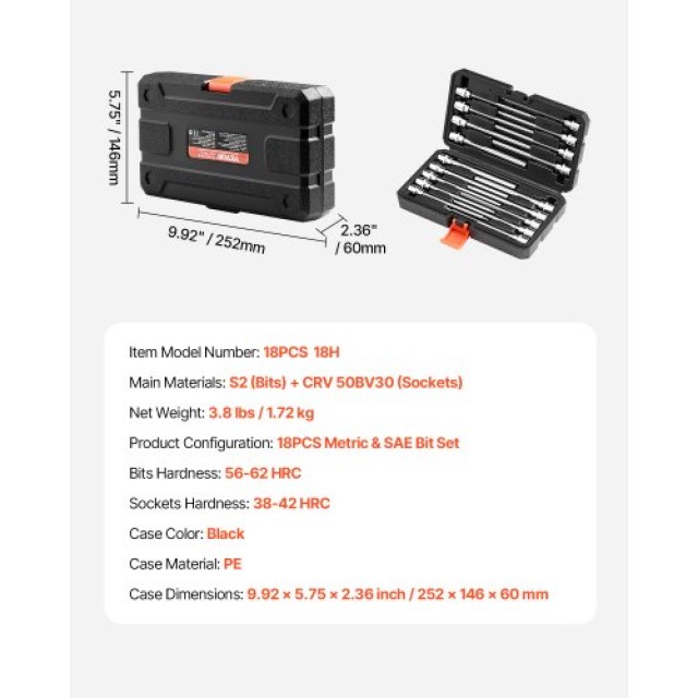 VEVOR Σετ Καρυδάκια Άλεν 18 Τεμαχίων 3/8 S2 Cr-V PTTT38HEXSD0DLCSKV0