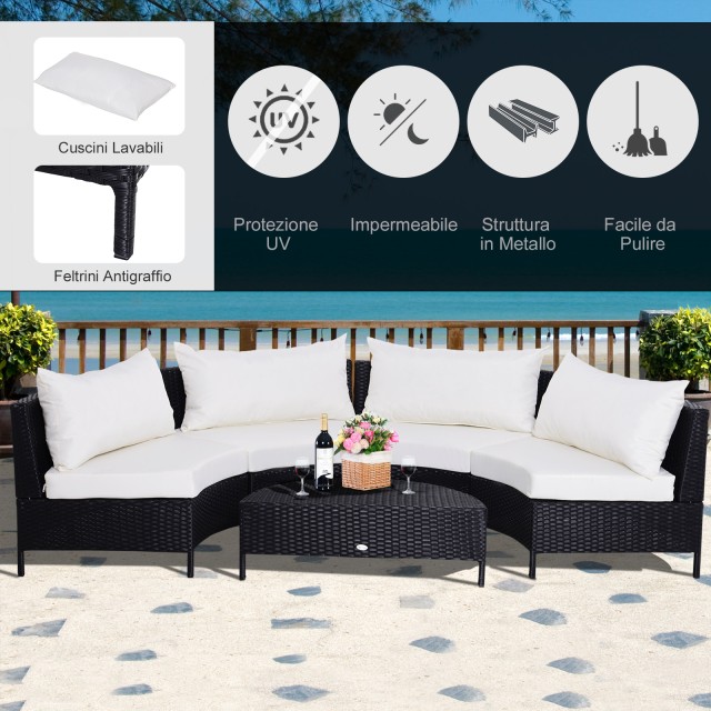 Έπιπλα κήπου Outsunny σε μαύρο ρατάν με λευκά μαξιλάρια, σετ 5 τεμαχίων με τραπεζάκι 860-081V01