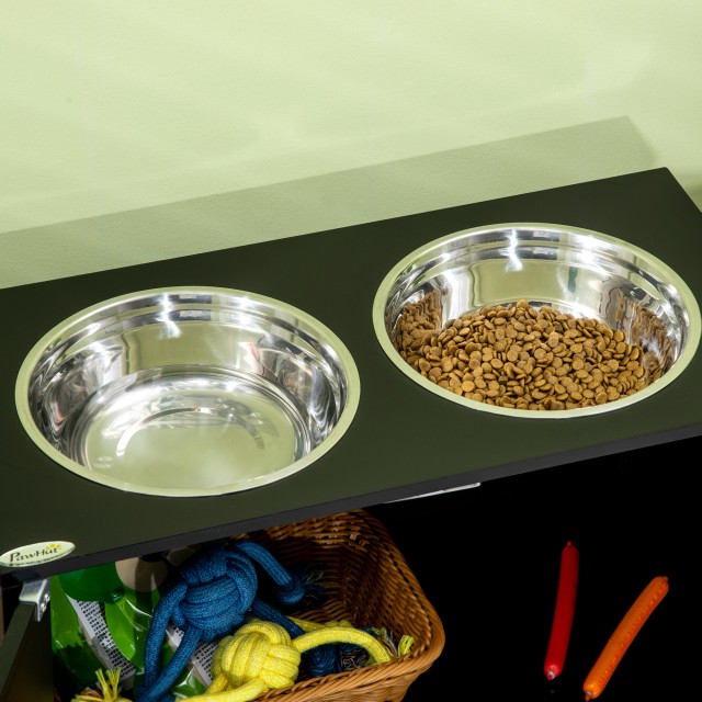 PawHut Raised Dog Bowl με αποθηκευτικό χώρο, 2 αφαιρούμενα μπολ από ανοξείδωτο χάλυβα, 60x30x35,5cm, Μαύρο D08-040V00BK
