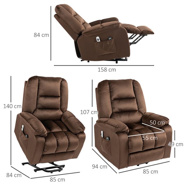 HOMCOM Relaxing Lift Chair, Ανακλινόμενη, Μασάζ και Θερμαινόμενη σε Βελούδινο, Καφέ 713-160V90DR