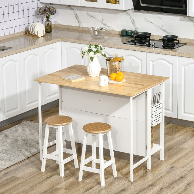 HOMCOM Kitchen Island με πτυσσόμενο πάγκο και 2 ράφια από ξύλο και ατσάλι, 120x76x91,5 cm, Λευκό 801-271V00AK