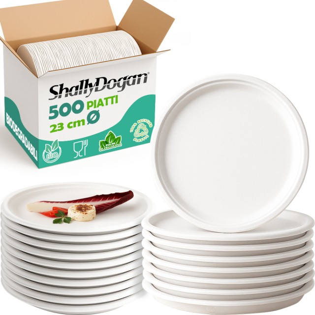 Shally Dogan 500 Οικολογικά Ρηχά Πιάτα μιας Χρήσης από 100% Βιοδιασπώμενη Κυτταρίνη, Διάμετρος 23 cm 02001610