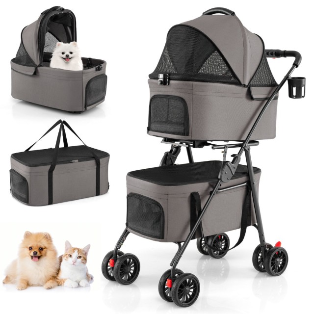 Costway Διπλό πτυσσόμενο καρότσι κατοικιδίων 3 σε 1 με 2 αποσπώμενες τσάντες μεταφοράς, γκρι, 115 x 46 x 83 cm PW10139GR