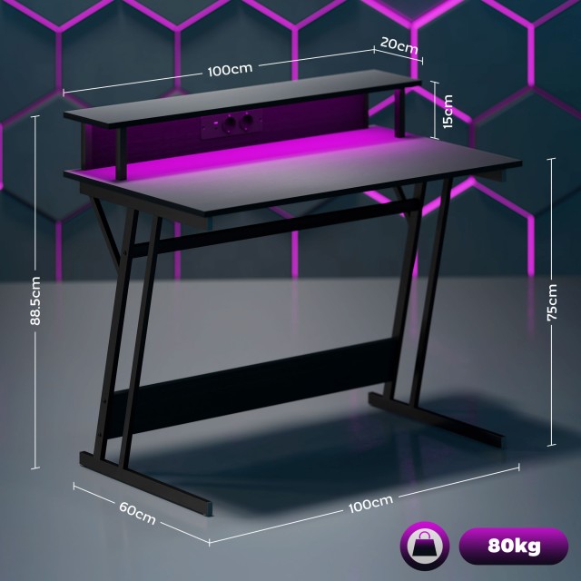 HOMCOM  Γραφείο Gaming με LED Φώτα και Υποστήριξη για Οθόνη, από Μοριοσανίδα και Ατσάλι, 100x60x88.5 εκ., Μαύρο  920-094V90BK