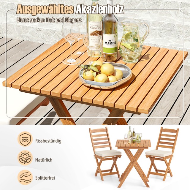 Costway Σετ Μπαλκονιού 3 Τεμαχίων: Αναδιπλούμενο Τραπέζι Bistro με 2 Καρέκλες από Ξύλο Ακακίας και 2 Μαξιλάρια σε Κρεμ Χρώμα HW73120WH