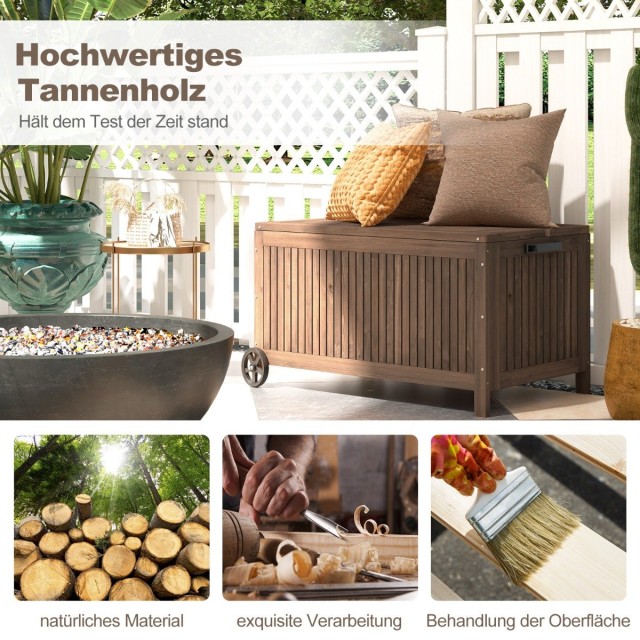 Costway Εξωτερική Ξύλινη Κιβωτός Αποθήκευσης 213lt με Αδιάβροχη Επένδυση και Ρόδες 114 x 58,5 x 51cm Καφέ GT4197CF