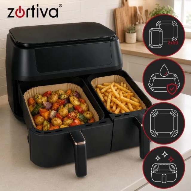 ZORTIVA Σετ 100 τμχ Αντικολλητικά Χαρτιά Air Fryer για Διπλό Air Fryer 20x20cm & 19,5x13cm 28025