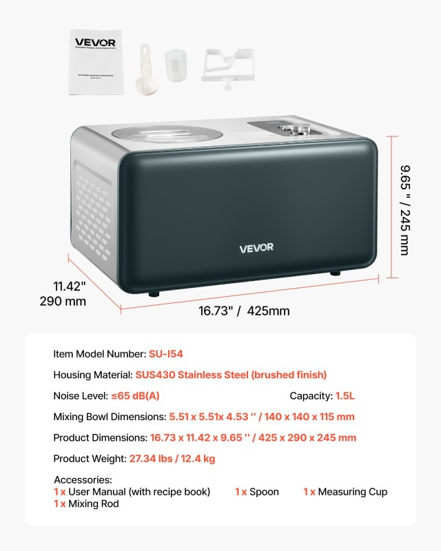 VEVOR Αυτόματη Παγωτομηχανή 1.5 QT με Ενσωματωμένο Συμπιεστή Χωρίς Προκατάψυξη JYYSJSBQLJ154X2BX001V2