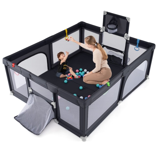 Costway Πτυσσόμενο Παιδικό Πάρκο με Μπασκέτα και Ποδοσφαιρικό Τέρμα 188 x 157 cm Σκούρο Γκρι BB6402DE-GR