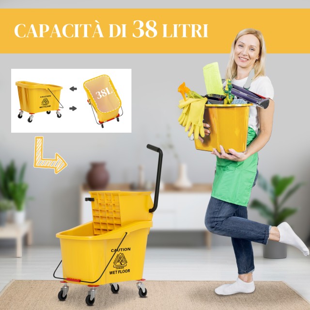 HOMCOM Επαγγελματικός Κουβάς Σφουγγαρίσματος 36L με Σφουγγαρίστρα, Στραγγιστήρι, Ρόδες και Χερούλι, 55x37x65 εκ., Κίτρινο 720-029V00YL