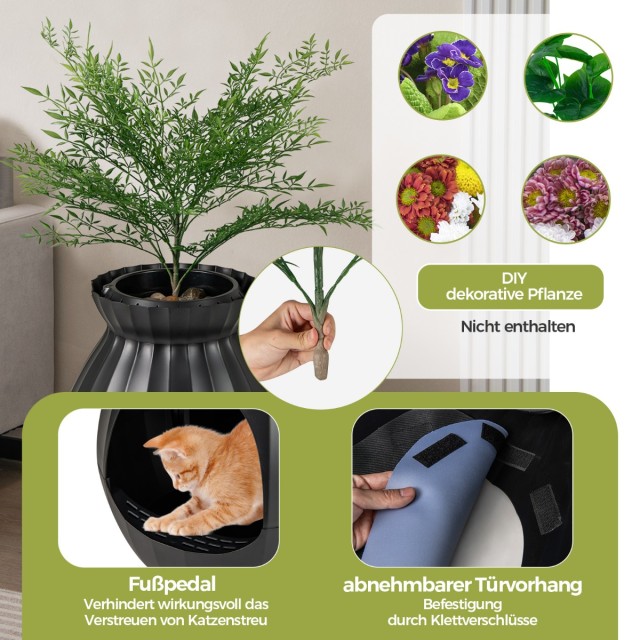 Costway Έξυπνη Αυτοκαθαριζόμενη Τουαλέτα Γάτας με Φυτό 63L Μαύρο PV10140DE-BK