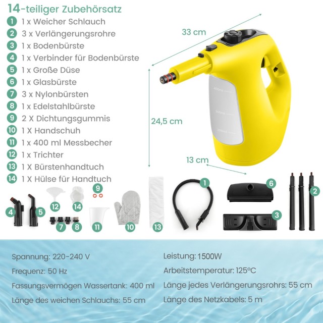Costway  Φορητός ατμοκαθαριστής 1500W με δεξαμενή 400 ML έως 125℃ Κίτρινος ES10287DE-YW