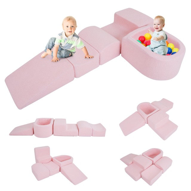 Costway Πενταμελές Σετ Μαλακών Αφρώδεις Μπλοκ για Μικρά Παιδιά με Πισίνα Μπαλών & Καλύμματα Sherpa Εσωτερικού Χώρου σε Ροζ Χρώμα TP10391PI