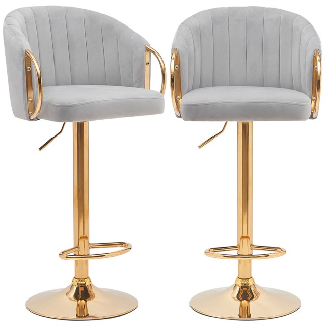 BAKAJI Σετ 2 Σκαμπό Κουζίνας Ρυθμιζόμενου Ύψους σε Γκρι Βελούδο και Χρυσή Δομή 02840771