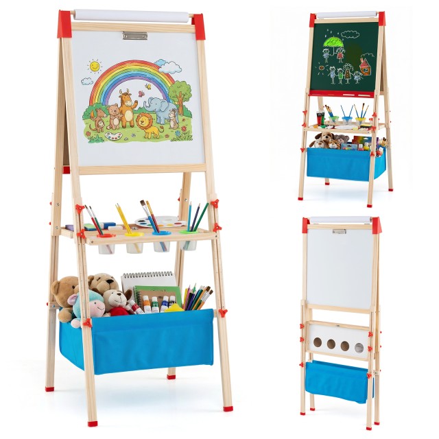 Costway Διπλής όψης παιδικός επιδαπέδιος πίνακας, μαγνητικός και λευκοπίνακας, ρυθμιζόμενου ύψους, με ρολό χαρτιού, 120-145 x 53 x 56 cm TM10224CL