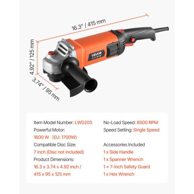 VEVOR Ηλεκτρικός Γωνιακός Τροχός 177.8mm, 8.2Α 8500RPM με Ρυθμιζόμενο Προστατευτικό Σκόνης για Μέταλλα SCMCJL7YCDS1AF6TO001V2